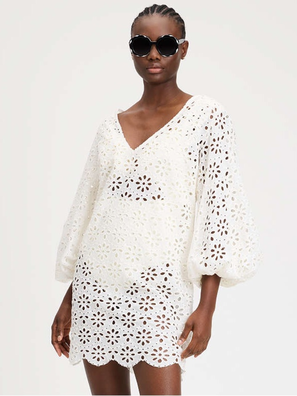 kate spade White Eyelet V-Neck Swim Coverup with Balloon Sleeves eyelet cover up